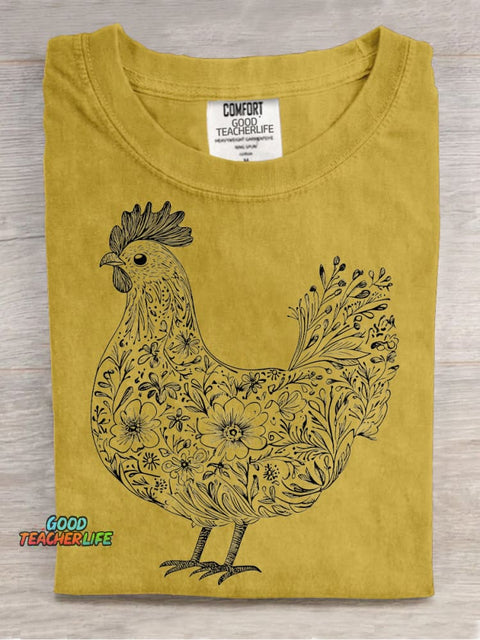 Painting Art Flowers Plants Chicken Decorative Pattern T-shirt