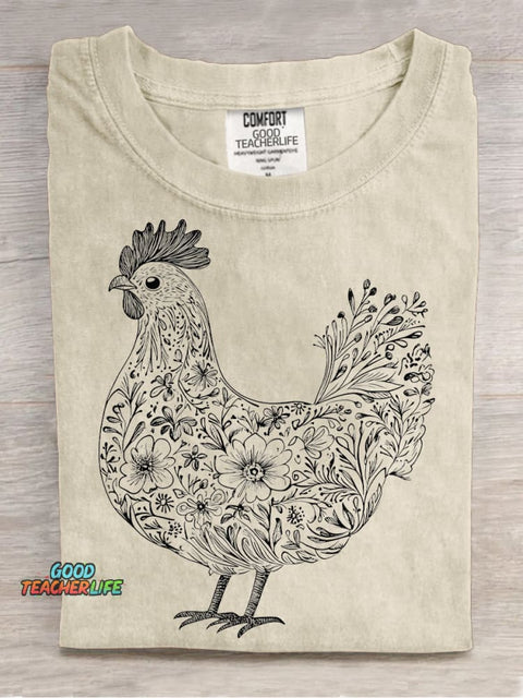 Painting Art Flowers Plants Chicken Decorative Pattern T-shirt
