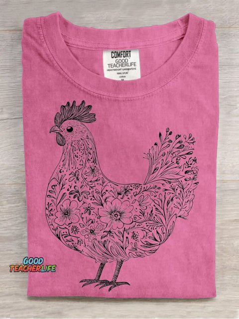 Painting Art Flowers Plants Chicken Decorative Pattern T-shirt
