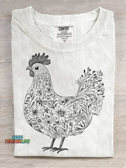 Painting Art Flowers Plants Chicken Decorative Pattern T-shirt
