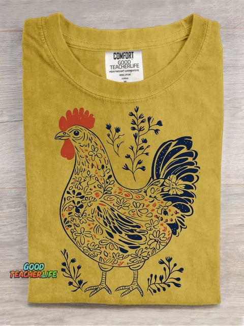 Painting Art Flowers Plants Rooster Decorative Pattern T-shirt