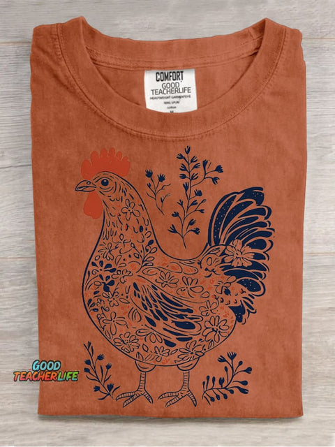 Painting Art Flowers Plants Rooster Decorative Pattern T-shirt