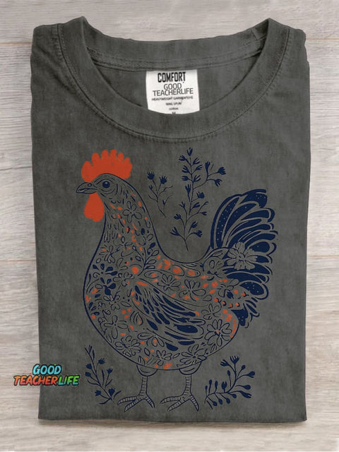 Painting Art Flowers Plants Rooster Decorative Pattern T-shirt