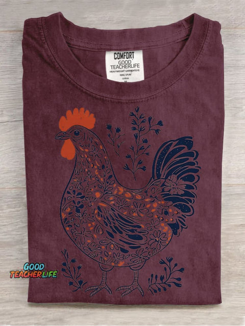Painting Art Flowers Plants Rooster Decorative Pattern T-shirt