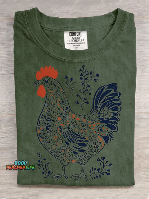 Painting Art Flowers Plants Rooster Decorative Pattern T-shirt