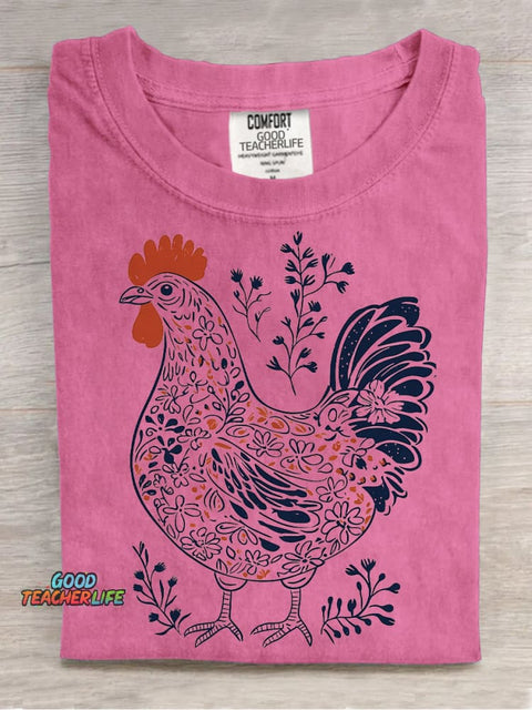 Painting Art Flowers Plants Rooster Decorative Pattern T-shirt