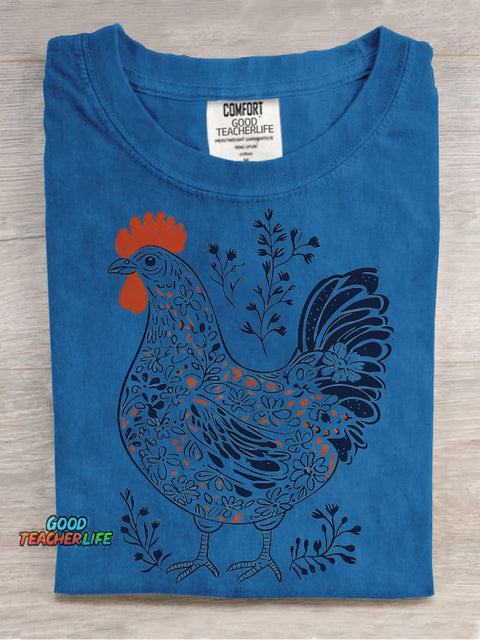 Painting Art Flowers Plants Rooster Decorative Pattern T-shirt