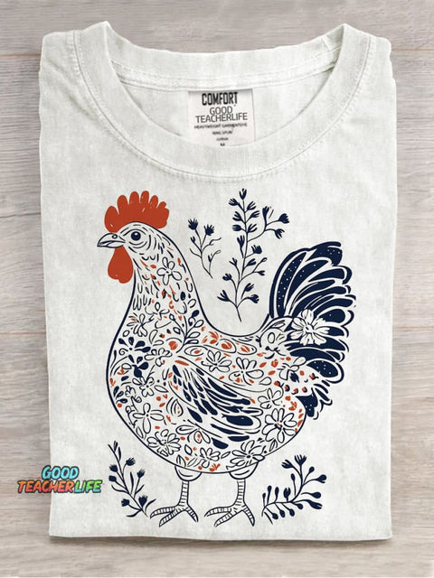 Painting Art Flowers Plants Rooster Decorative Pattern T-shirt