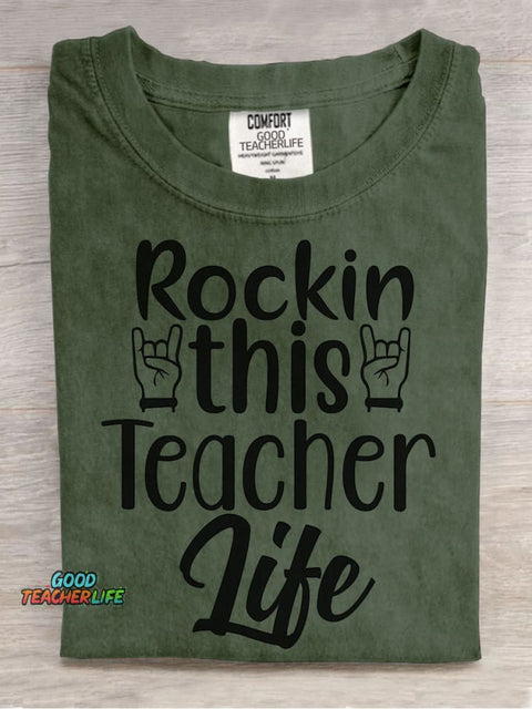 Rockin This Teacher Life Decorative Pattern T-shirt