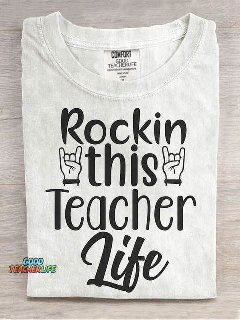 Rockin This Teacher Life Decorative Pattern T-shirt