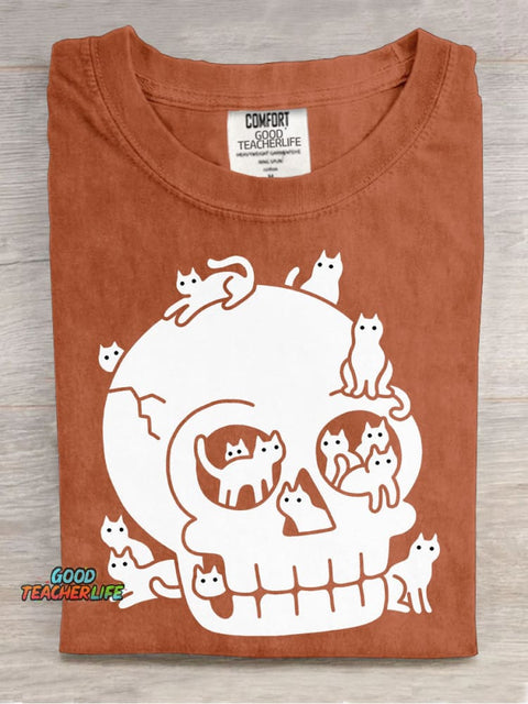 Halloween Skull and Cat Decorative Pattern T-shirt