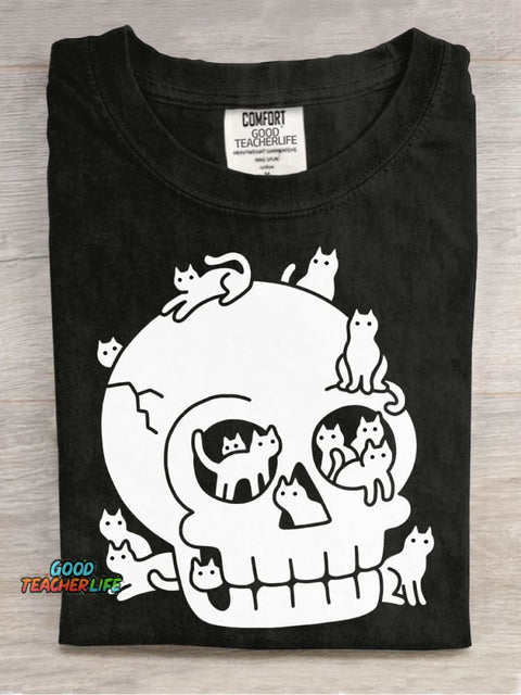 Halloween Skull and Cat Decorative Pattern T-shirt