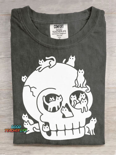 Halloween Skull and Cat Decorative Pattern T-shirt