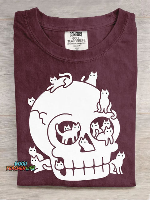 Halloween Skull and Cat Decorative Pattern T-shirt