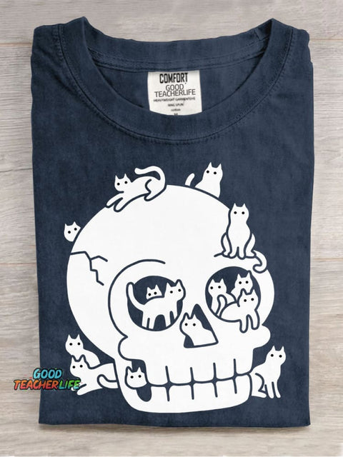 Halloween Skull and Cat Decorative Pattern T-shirt