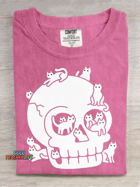 Halloween Skull and Cat Decorative Pattern T-shirt