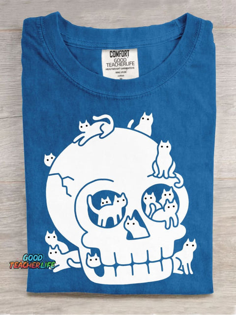 Halloween Skull and Cat Decorative Pattern T-shirt
