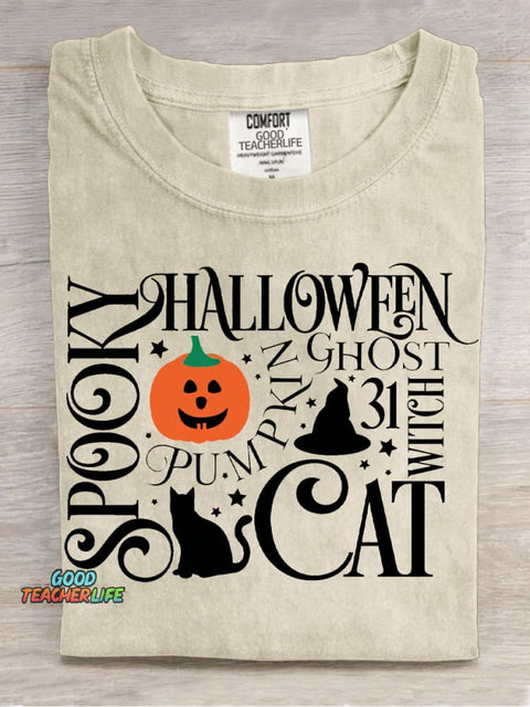 Spooky Cat Halloween Decorative Pattern T-shirt