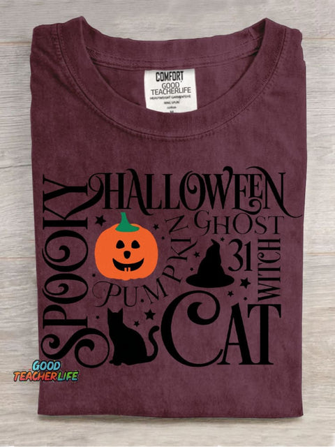 Spooky Cat Halloween Decorative Pattern T-shirt