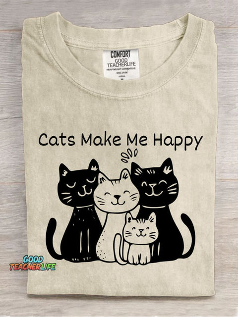 Cat Make Me Happy Decorative Pattern T-shirt