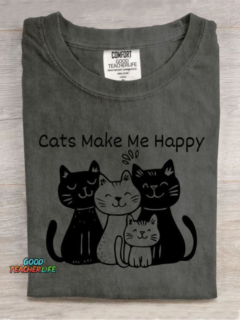 Cat Make Me Happy Decorative Pattern T-shirt