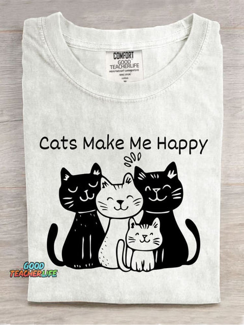Cat Make Me Happy Decorative Pattern T-shirt