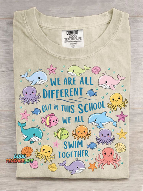 We Are Different But In This School We All Swim Together Decorative Pattern T-shirt