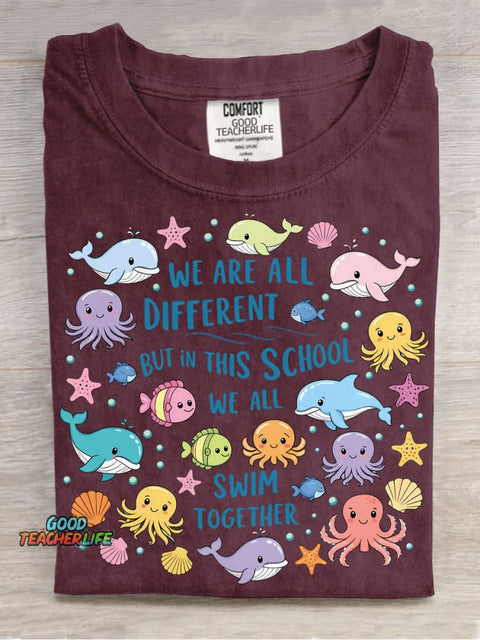 We Are Different But In This School We All Swim Together Decorative Pattern T-shirt