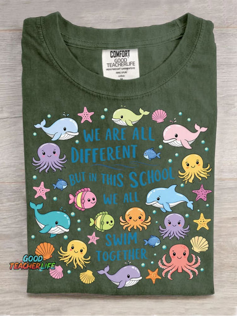 We Are Different But In This School We All Swim Together Decorative Pattern T-shirt