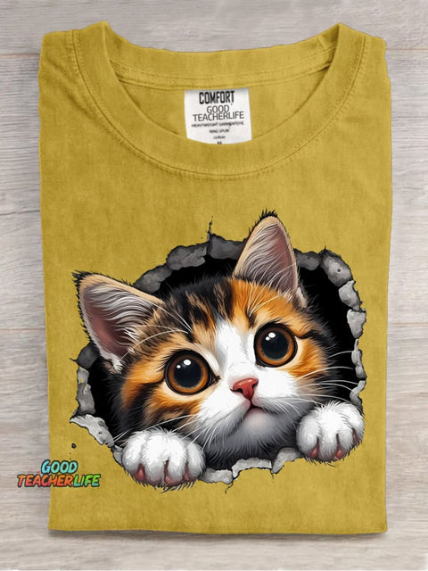 Cute Kitten Sticking Its Head Out Decorative Pattern T-shirt