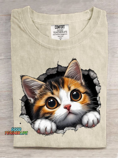 Cute Kitten Sticking Its Head Out Decorative Pattern T-shirt