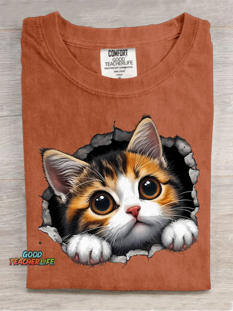 Cute Kitten Sticking Its Head Out Decorative Pattern T-shirt