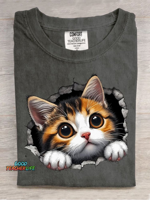 Cute Kitten Sticking Its Head Out Decorative Pattern T-shirt
