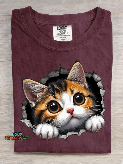 Cute Kitten Sticking Its Head Out Decorative Pattern T-shirt