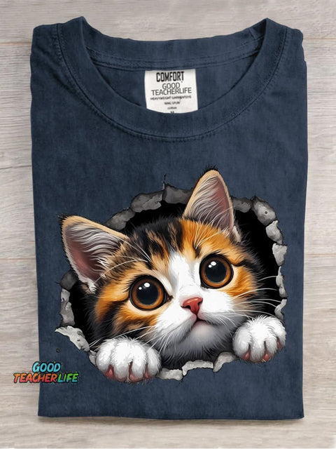 Cute Kitten Sticking Its Head Out Decorative Pattern T-shirt