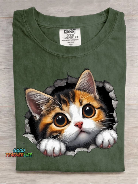 Cute Kitten Sticking Its Head Out Decorative Pattern T-shirt