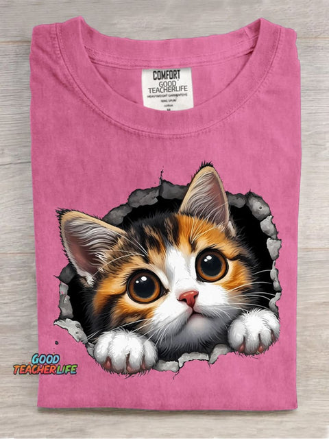 Cute Kitten Sticking Its Head Out Decorative Pattern T-shirt