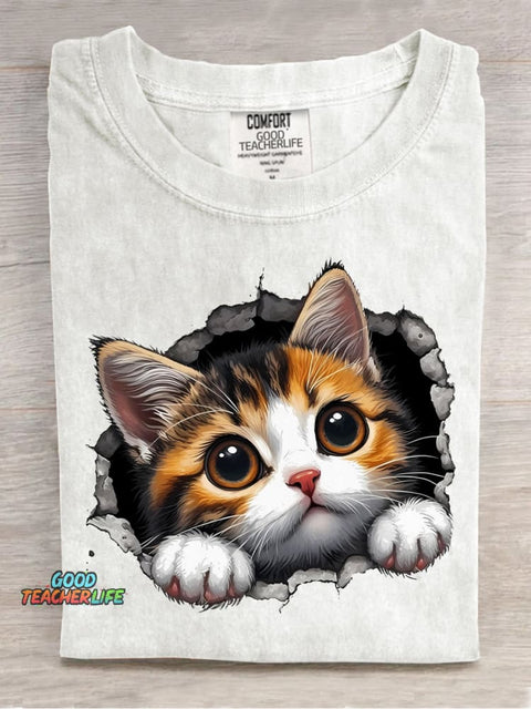 Cute Kitten Sticking Its Head Out Decorative Pattern T-shirt