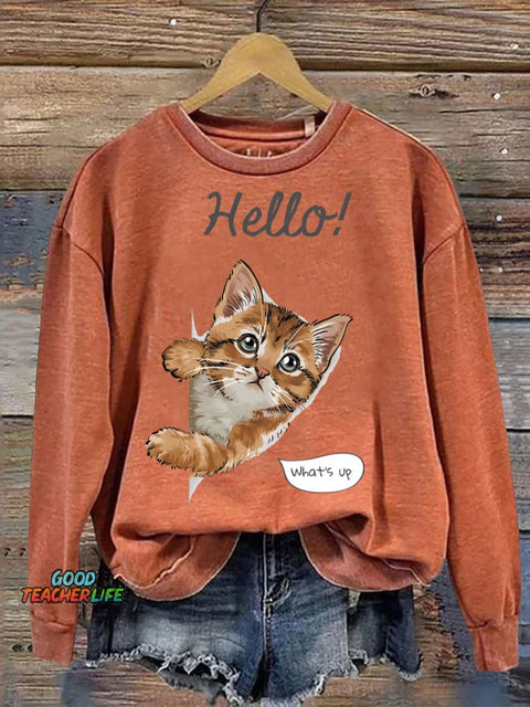Cute Kitten Cat Says Hello Casual Sweatshirt