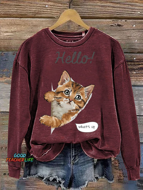 Cute Kitten Cat Says Hello Casual Sweatshirt