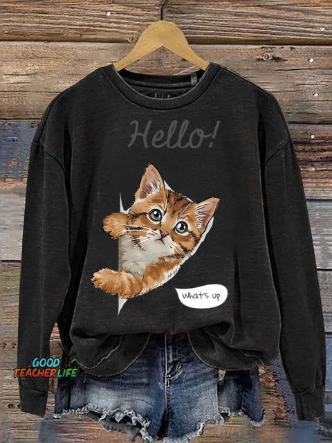Cute Kitten Cat Says Hello Casual Sweatshirt
