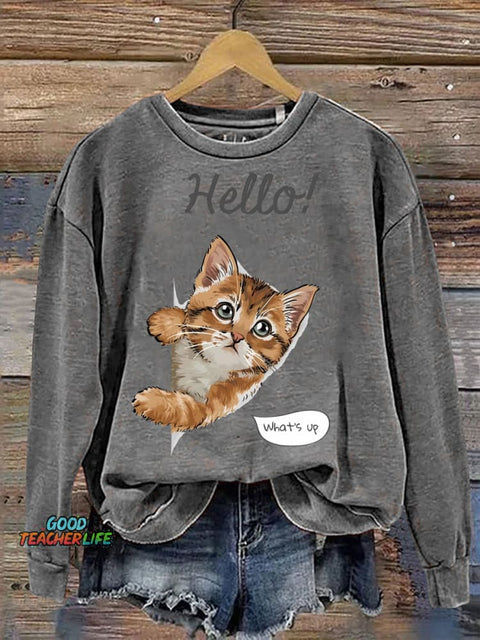 Cute Kitten Cat Says Hello Casual Sweatshirt