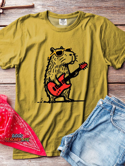 Rock Guitar Capybara Decorative Pattern T-shirt