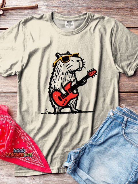 Rock Guitar Capybara Decorative Pattern T-shirt