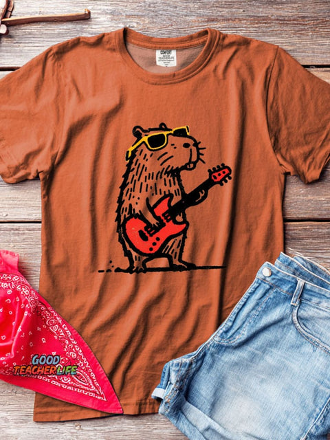 Rock Guitar Capybara Decorative Pattern T-shirt