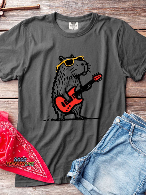 Rock Guitar Capybara Decorative Pattern T-shirt