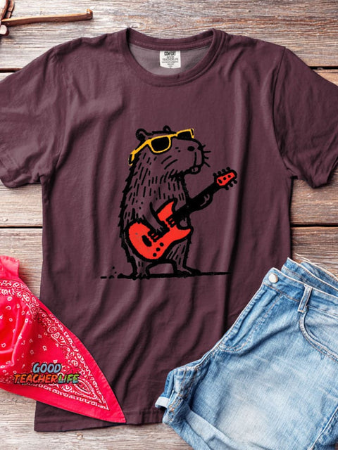 Rock Guitar Capybara Decorative Pattern T-shirt