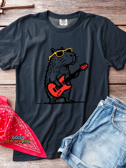 Rock Guitar Capybara Decorative Pattern T-shirt