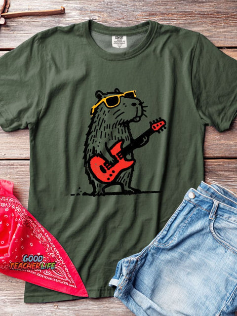 Rock Guitar Capybara Decorative Pattern T-shirt