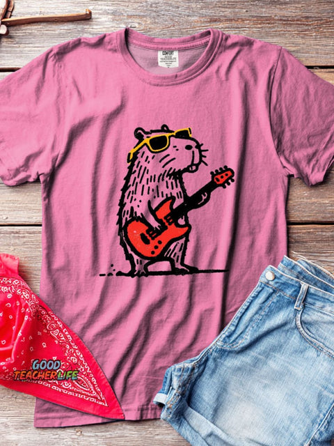 Rock Guitar Capybara Decorative Pattern T-shirt